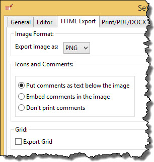 HTML export default settings