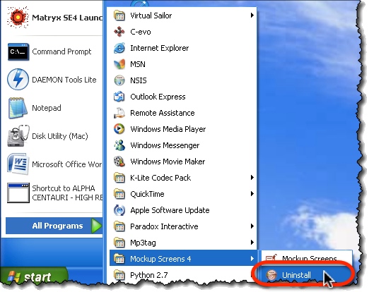 Deinstall MockupScreens from Windows Start menu