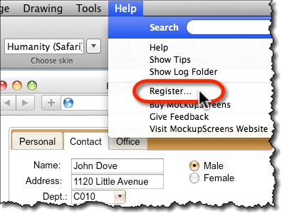 Register MockupScreens from the Help menu